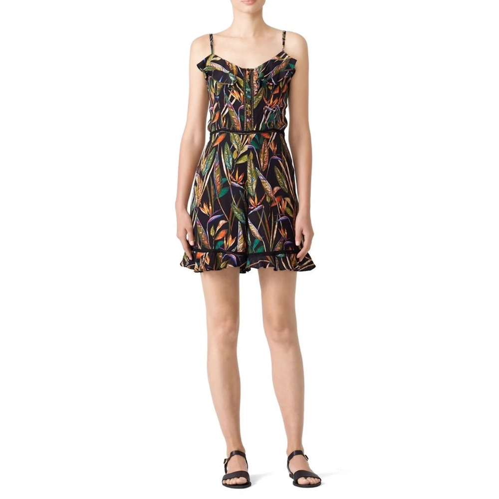 Deby Debo Rodriguez Tropical Romper Sz XS Flouncy Ruffles Ladder Trim Colorful